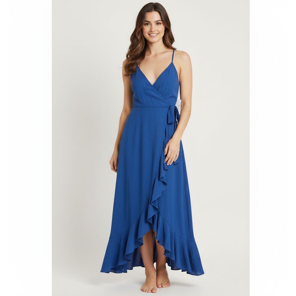 Lulus Dress Women's Size S Blue Maxi Wrap Ruffle Hem Flowy Brunch Boho Timeless